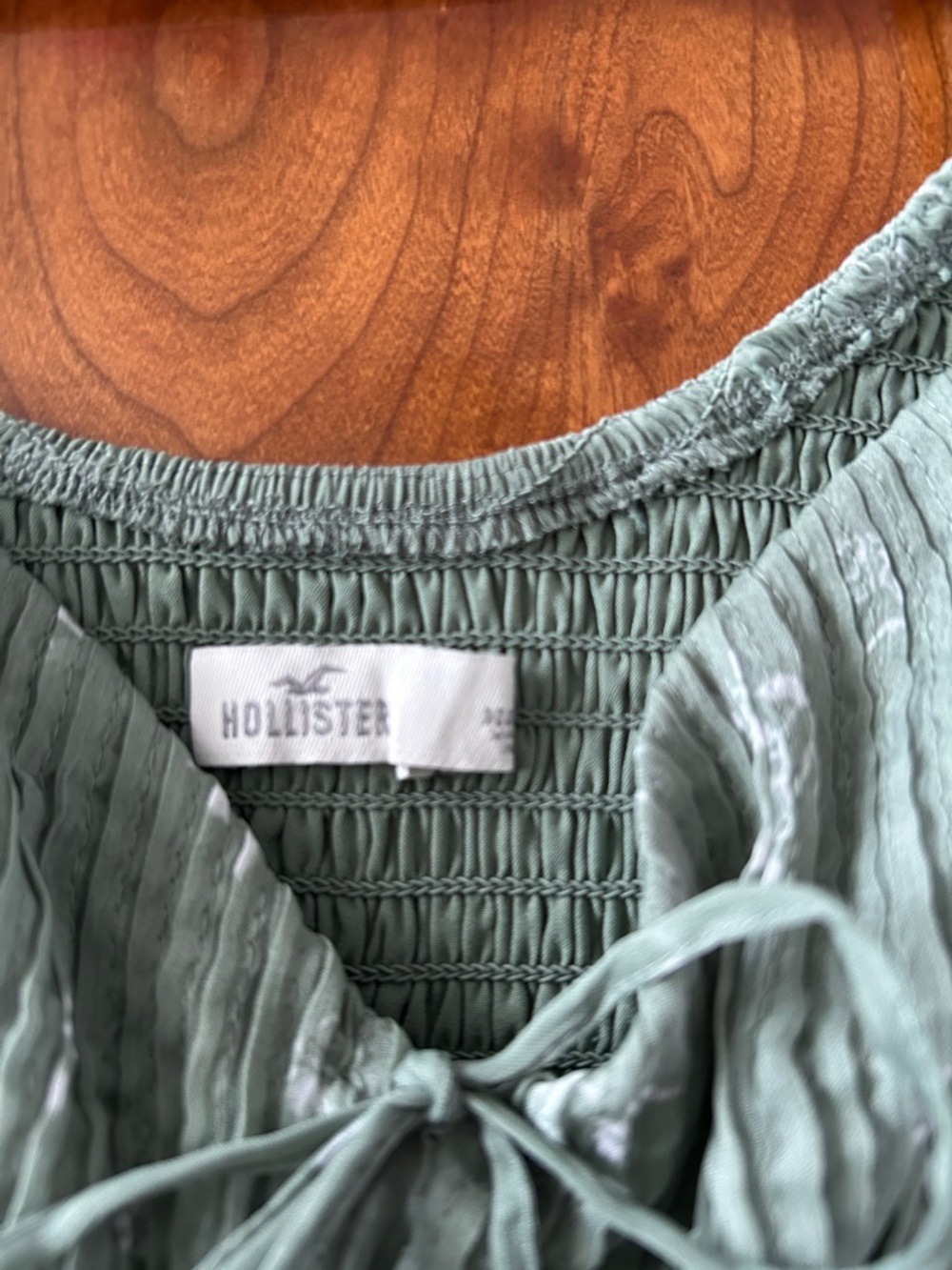 Hollister Olive Green Sheer Long-Sleeve Floral Babydoll Dress with Tie Front - Picture 2 of 3